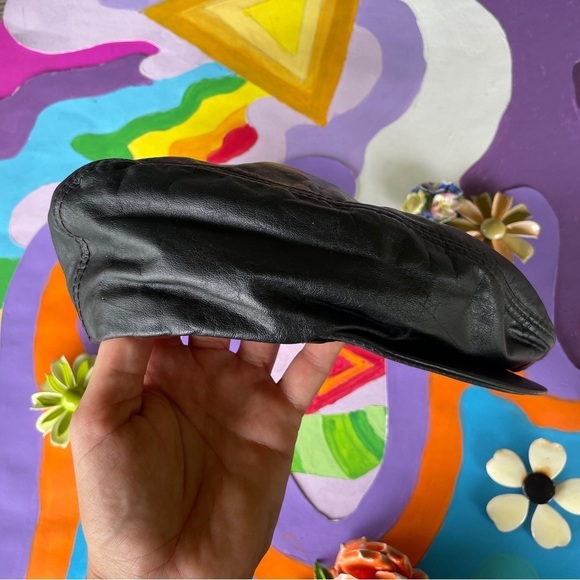 Vintage 60s Leather Newsboy Cap Biker Betty Boop Style Genuine Leather Large - Picture 4 of 8